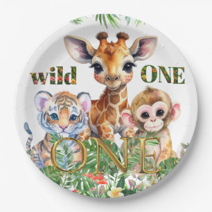 Prato De Papel Primeiro Aniversário Tigre Girafa Macaco Selvagem