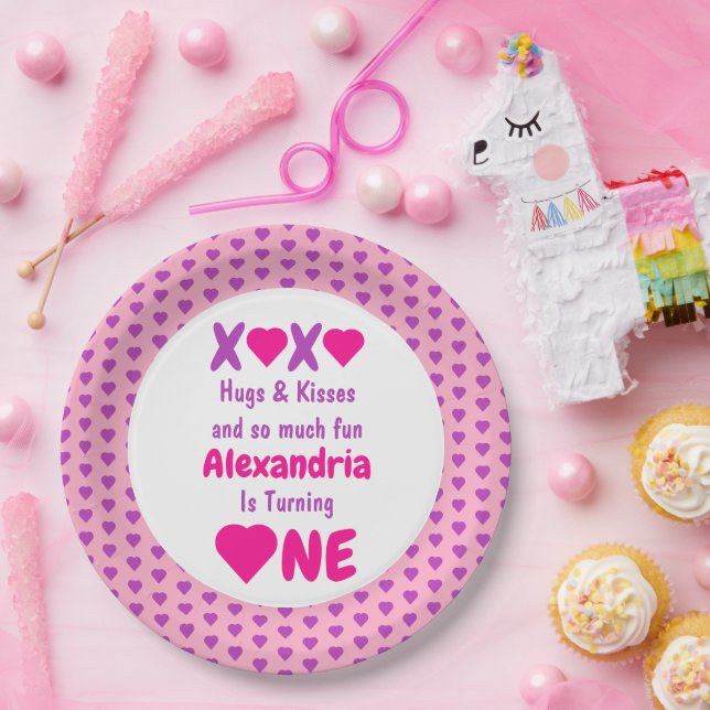 Prato De Papel Primeiro aniversario XOXO Hugs e Kisses (Festa)