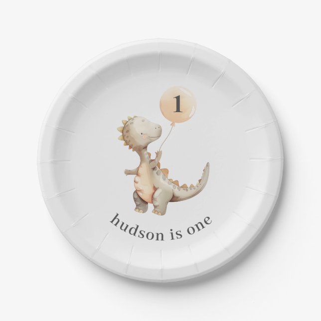 Prato De Papel Primeiro Balão de Aniversário do Dinossaur (Frente)