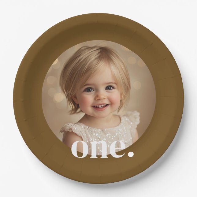 Prato De Papel Primeiro Bithday Photo Paper Plate em Castanho e B (Frente)