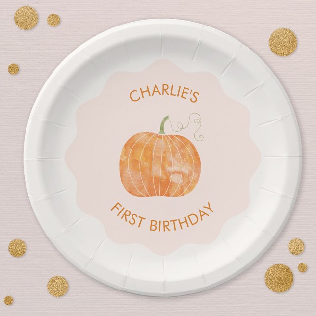 Prato De Papel Primeiro primeiro aniversario de outono de Bompkin (Cute first 1st birthday party pumpkin autumn fall paper plate)