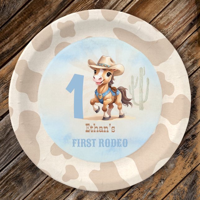 Prato De Papel Primeiro primeiro aniversario Rodeo Western Cowboy (First Rodeo Western Cowboy Horse 1st Birthday Paper Plates)
