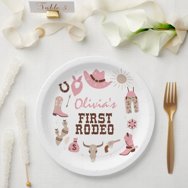 Prato De Papel Primeiro Rodeio Rosa Caubói Ocidental Aniversário  (Casamento)