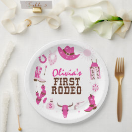 Prato De Papel Primeiro Rodeio Rosa Caubói Ocidental Aniversário 