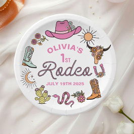 Prato De Papel Primeiro Rodeio Rosa Caubói Ocidental Aniversário 