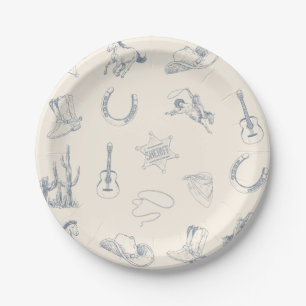 Prato De Papel Primeiro Rodeo Cowboy Ocidental Birthday Azul Neut