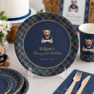 Prato De Papel Primeiro Urso Marinho Xadrez Teddy Bear Menino Ani