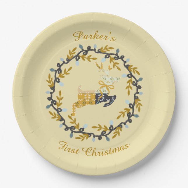 Prato De Papel Primeiro Veado de Natal com Coroa Amarelo Suave  (Frente)