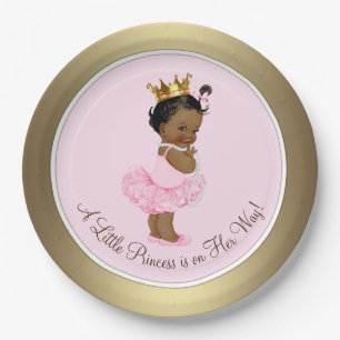 Prato De Papel Princesa Bailarina Étnica Rosa Dourado Chá de Bebê