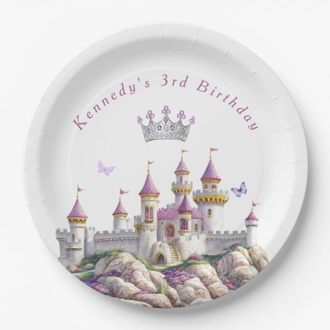 Prato De Papel Princesa Castle Silver Crown Pink Gems Butflies (Frente)