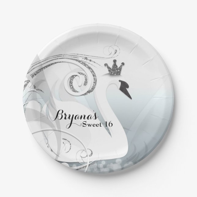 Prato De Papel Princesa Cisne Prata e Branco Festa Custom Elegant (Frente)