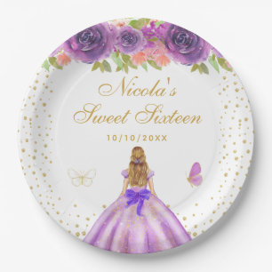 Prato De Papel Princesa de Cabelo Loiro com Florais Roxos Sweet S