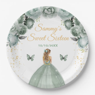 Prato De Papel Princesa de Cabelo Loiro Verde Salvia Sweet Sixtee
