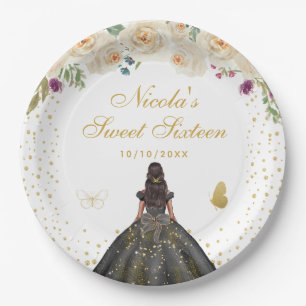 Prato De Papel Princesa de Pele Morena Floral Creme Sweet Sixteen