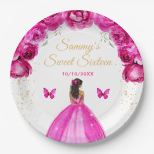 Prato De Papel Princesa de Pele Morena Rosa Vibrante Sweet Sixtee