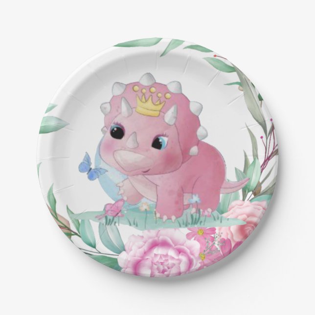 Prato De Papel Princesa Dinossaur, Chá de fraldas de Pêonias Rosa (Frente)