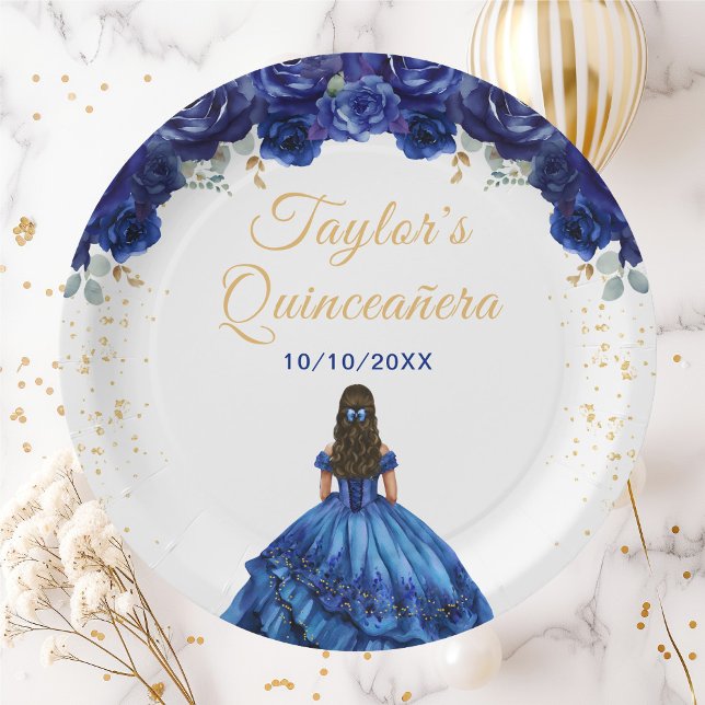 Prato De Papel Princesa Floral Azul Escura Quinceañera (Criador carregado)