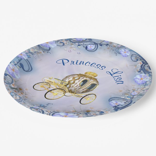 Prato De Papel Princesa Floral Azul Personalizada Encantada (Inclinado)