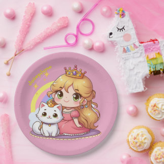 Prato De Papel Princesa fofa personalizável com Gato Branco