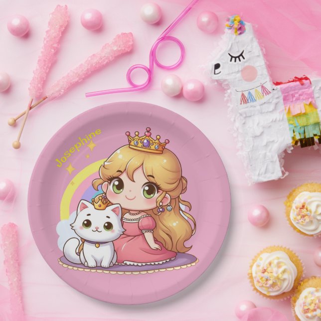 Prato De Papel Princesa fofa personalizável com Gato Branco (Festa)