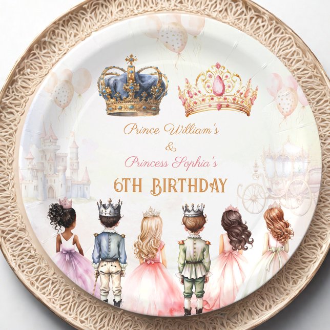 Prato De Papel Princesa Gêmeos Real Aniversário da Coroa (Princess Prince Twins Royal Crown Birthday Paper Plates)