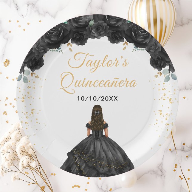 Prato De Papel Princesa Negra Floral Quinceañera (Criador carregado)