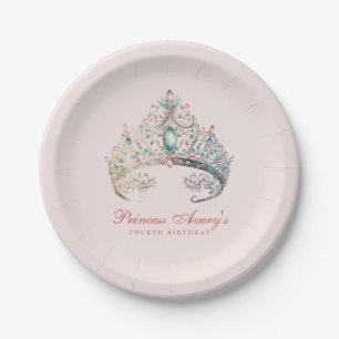 Prato De Papel Princesa Rosa Watercolor Tiara Birthday