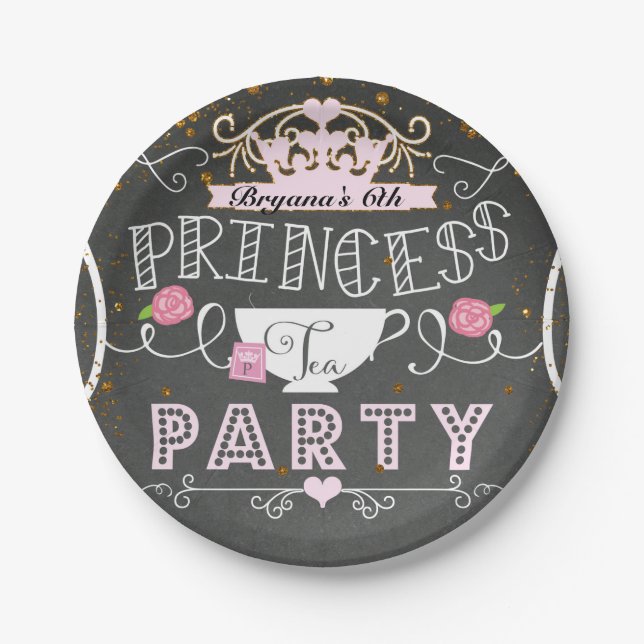 Prato De Papel Princesa Tea Party Chalkboard Birthday (Frente)