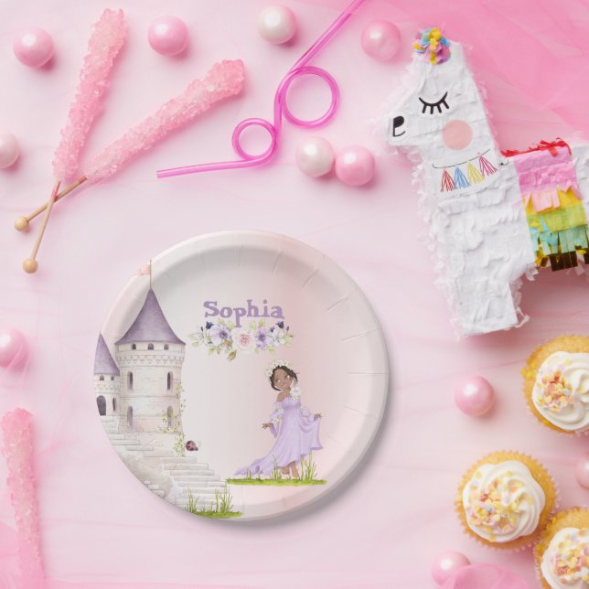 Prato De Papel Princesa Unicorn Cabelo Escuro Púrpura Aniversário (Festa)
