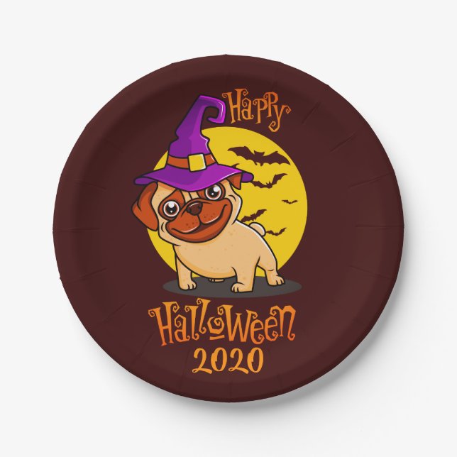 Prato De Papel Pug Bonito Com Halloween De Bruxas Roxas (Frente)