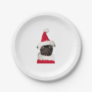 Prato De Papel Pug preto giro no Natal Santa Hat
