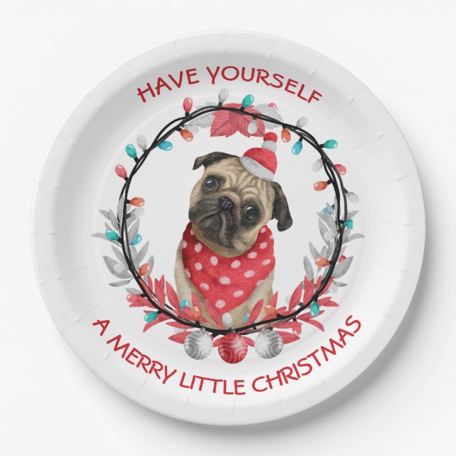 Prato De Papel Pug Tenha um Natal Feliz (Frente)