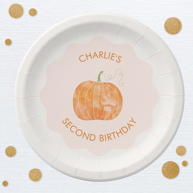 Prato De Papel Pumpkin Autumn Fall Second segundo aniversário (Little pumpkin personalized custom text second 2nd birthday party paper plates)