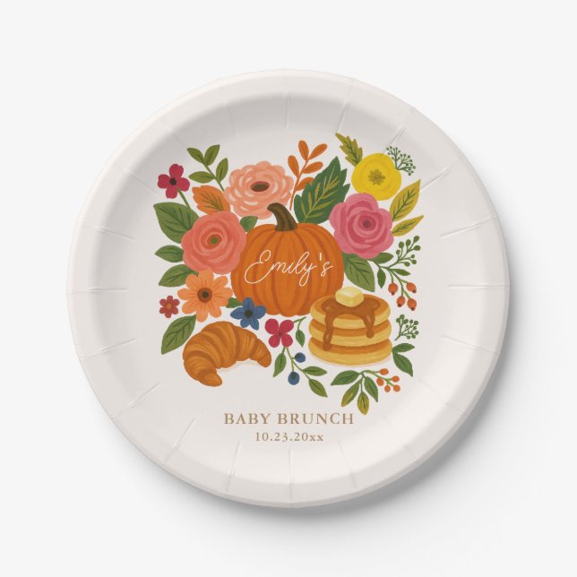 Prato De Papel Pumpkin Baby Shower Paper Plate, Fall Floral (Frente)