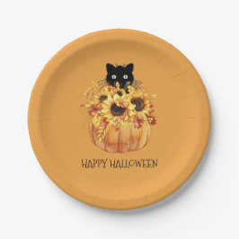 Prato De Papel Pumpkin Black Cat Halloween Orange Paper Placa