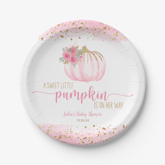 Prato De Papel Pumpkin Blush Dourado Bebê Rosa Favor do Chá (Frente)