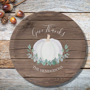 Prato De Papel Pumpkin Branco Personalizado Eucalyptus Barn Wood 