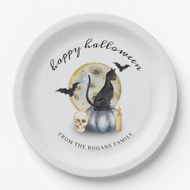 Prato De Papel Pumpkin de Gato de Feliz Halloween (Frente)