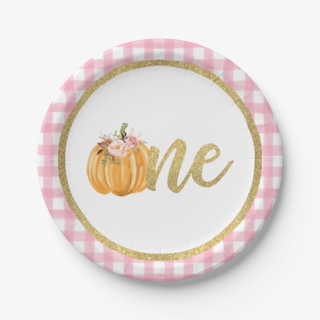 Prato De Papel Pumpkin First Birday Paper Plate - Xadrez rosa (Frente)