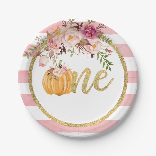 Prato De Papel Pumpkin First Birthday Paper Plate - Floral Stripe (Frente)