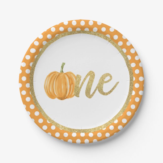 Prato De Papel Pumpkin First Birthday Paper Plate - Pontos Laranj (Frente)