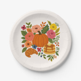 Prato De Papel Pumpkin Floral Fall Thanksgiving Paper Plates
