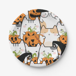 Prato De Papel Pumpkin Halloween e Placa de Papel de Gato