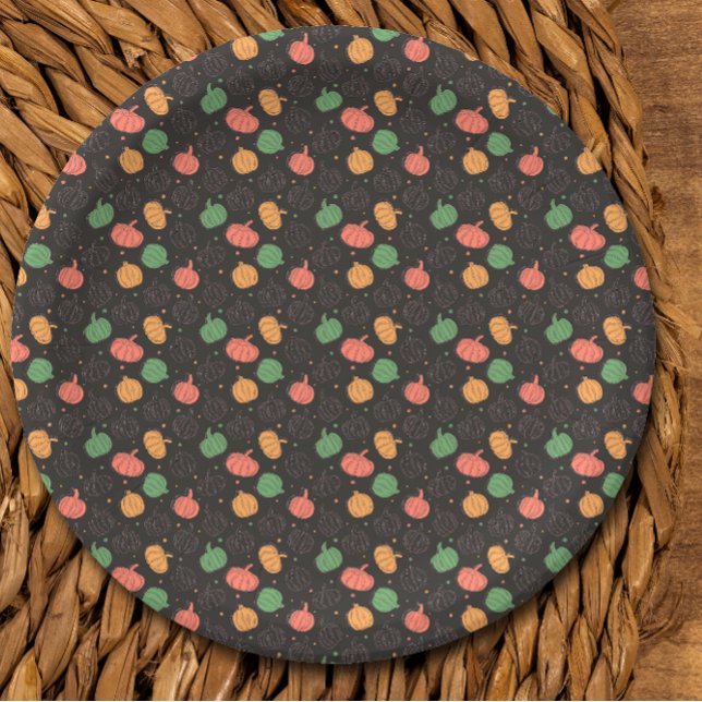 Prato De Papel Pumpkin Halloween - padrão preto laranja verde (Criador carregado)