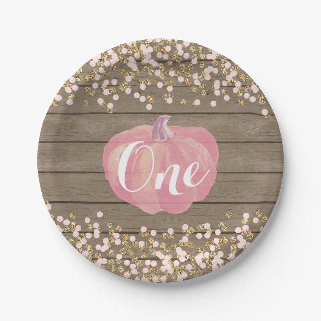 Prato De Papel Pumpkin Primeiro Aniversário Pink e Douradas Placa (Frente)