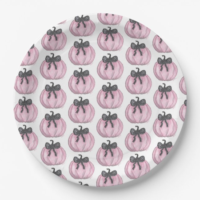 Prato De Papel Pumpkin rosa com arco preto (Frente)