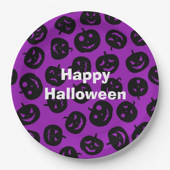 Prato De Papel Pumpkin Roxo do Feliz Halloween (Frente)
