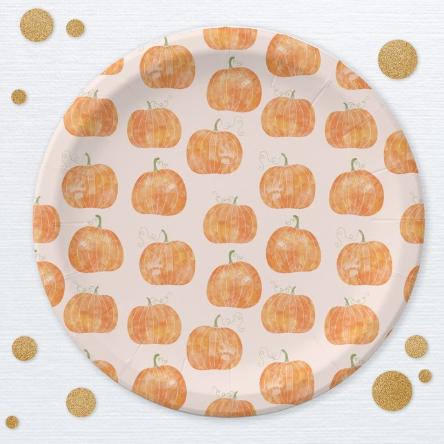 Prato De Papel Pumpkin Watercolor (Pumpkin pattern watercolor autumn fall party paper plate)