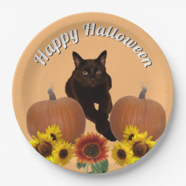 Prato De Papel Pumpkins Black Cat com patas cruzadas no Halloween