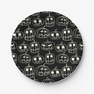 Prato De Papel Pumpkins Branco Padrão de Halloween